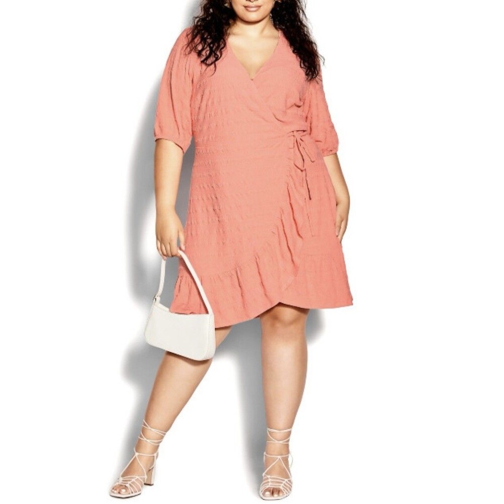 CITY CHIC Sweet Romance Wrap Dress Peach Pink Ruffle Plus Size S / 16 Cute